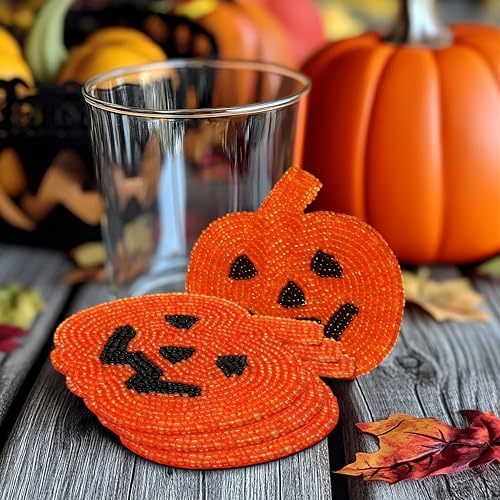 COTTON CRAFT Halloween Harvest Pumpkin Beaded Coaster - Set of 4 Handmade Bar Drink Tabletop Protection Coasters - Autumn Fall T